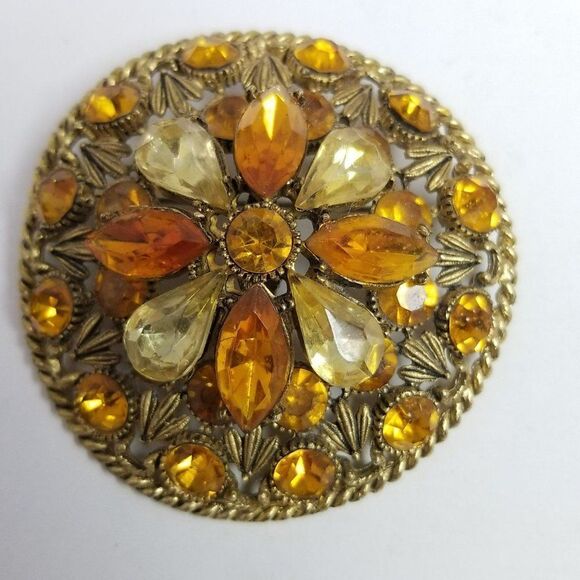 Vintage Large Orange and Yellow Rhinestone Brooch / Pendant, 60s Retro Style - Picture 2 of 6
